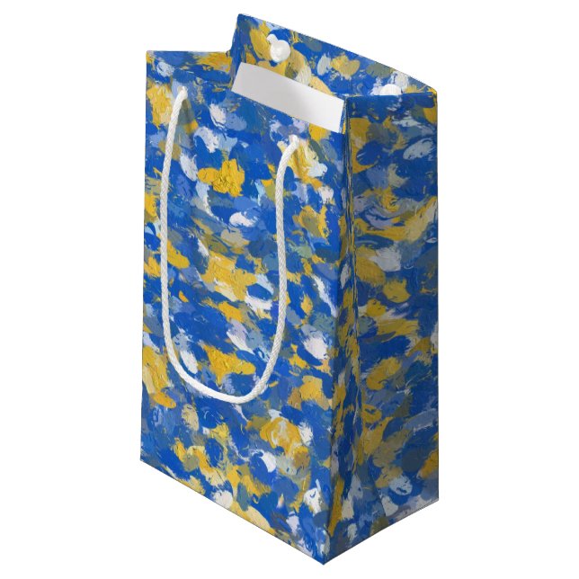 Petit Sac Cadeau Peinture bleu, jaune et blanc (Devant Angle)