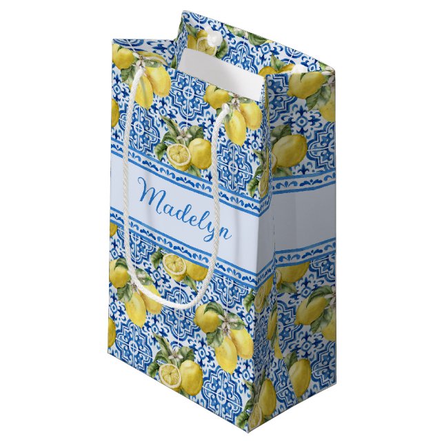 Petit Sac Cadeau Personalized Name Blue Tile Mediterranean Lemon (Devant Angle)