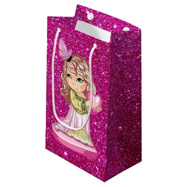 Petit Sac Cadeau Petite fille tenant le coeur Fuschia Faux Parties  (Devant Angle)