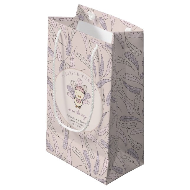 Petit Sac Cadeau Petite Turquie rose plumes Chute Baby shower fille (Devant Angle)