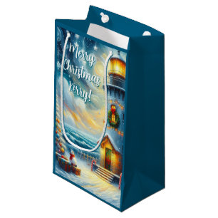 Petit Sac Cadeau Phare de Noël Arbre Nautique Bleu Côtier