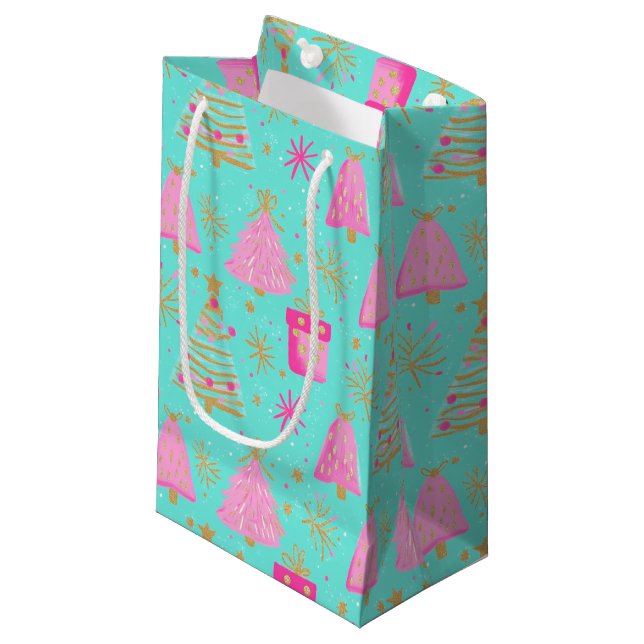 Petit Sac Cadeau Pink and Aqua Festive Christmas  (Devant Angle)