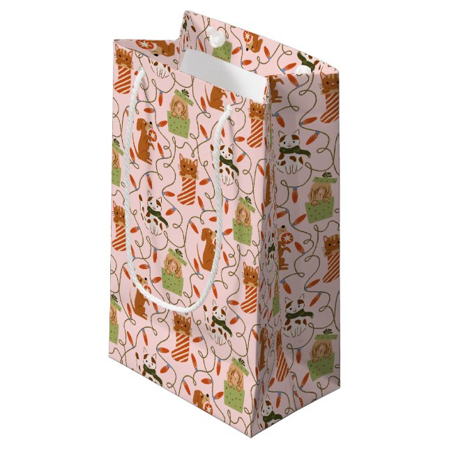 Petit Sac Cadeau Pink Holiday Pets Motif (Devant Angle)