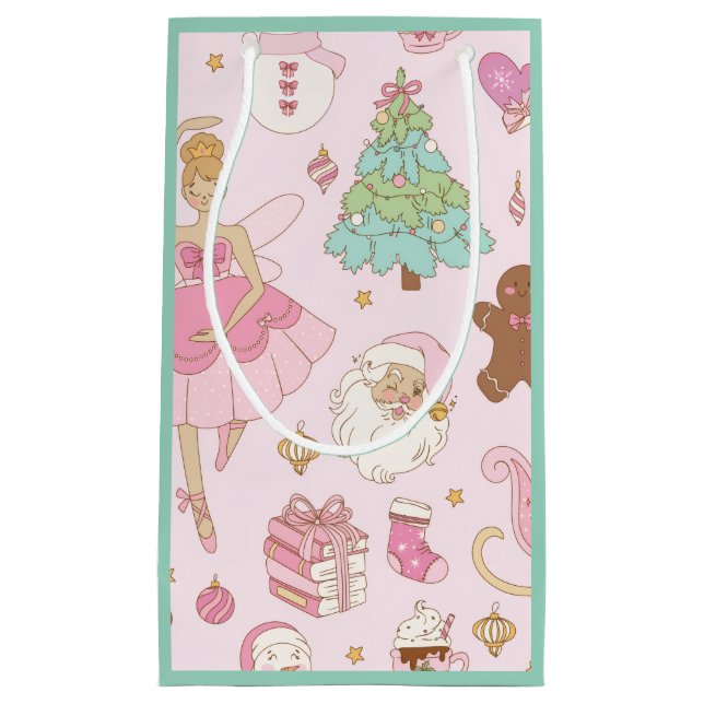 Petit Sac Cadeau Pink Pastel Christmas Ballerina and Santa  (Devant)