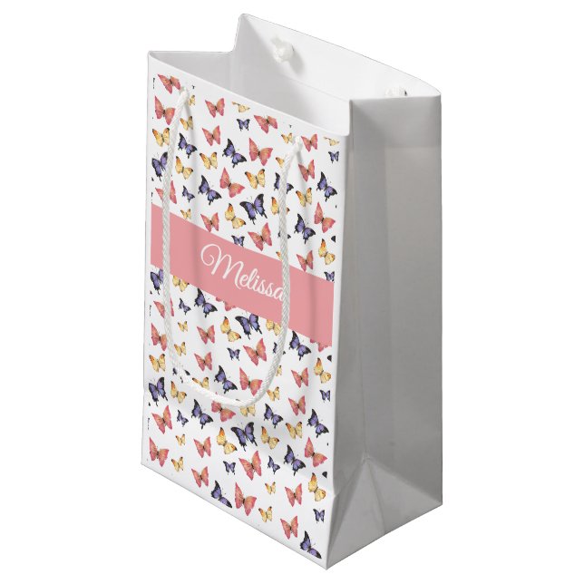 Petit Sac Cadeau Pink Purple Butterflies Custom Name (Devant Angle)