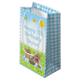 Petit Sac Cadeau Pique-nique nounours Bleu En vichy Joyeux annivers
