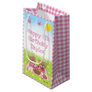 Petit Sac Cadeau Pique-nique nounours rose En vichy Joyeux annivers