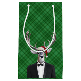 Petit Sac Cadeau Plaid drôle de vert de cerfs communs de Noël de
