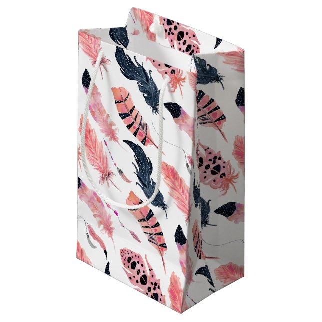 Petit Sac Cadeau Plumes rose Boho (Devant Angle)