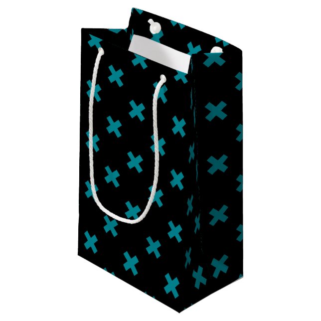 Petit Sac Cadeau points de croix turquoises sur noir (Devant Angle)