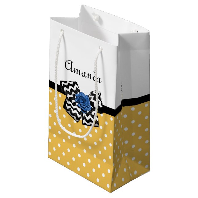 Petit Sac Cadeau Points Jaunes Bleus Rose Chevron Bow avec nom (Devant Angle)