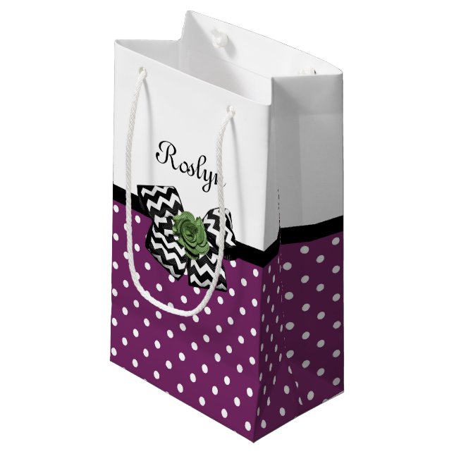 Petit Sac Cadeau Points mignons pourpres Rose vert Chevron Bow avec (Devant Angle)
