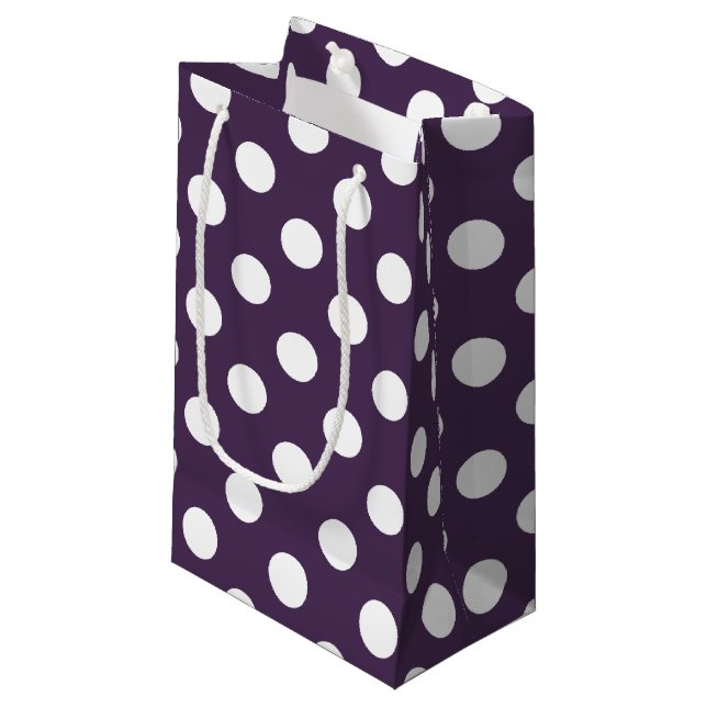 Petit Sac Cadeau Pois blancs sur prune violette (Devant Angle)