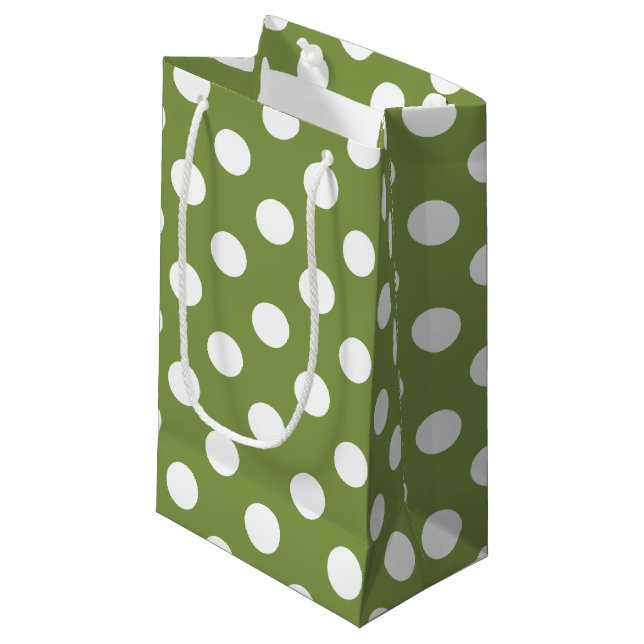 Petit Sac Cadeau Pois blancs sur vert olive (Devant Angle)