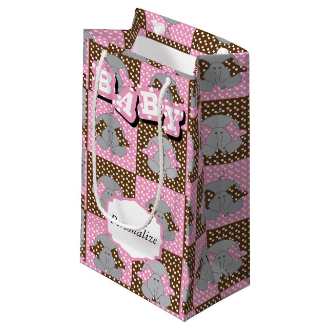 Petit Sac Cadeau Pois d'éléphants roses et Brown (Devant Angle)