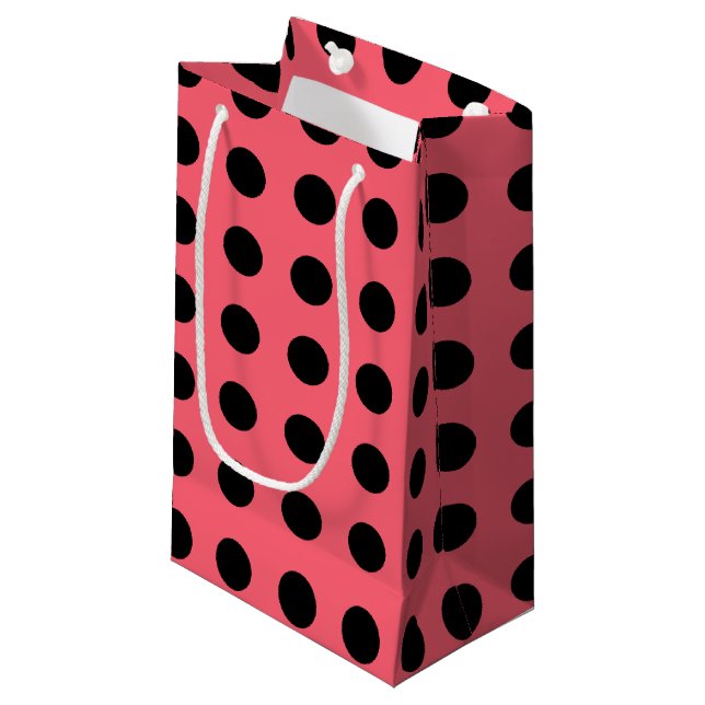 Petit Sac Cadeau Pois noirs sur corail (Devant Angle)