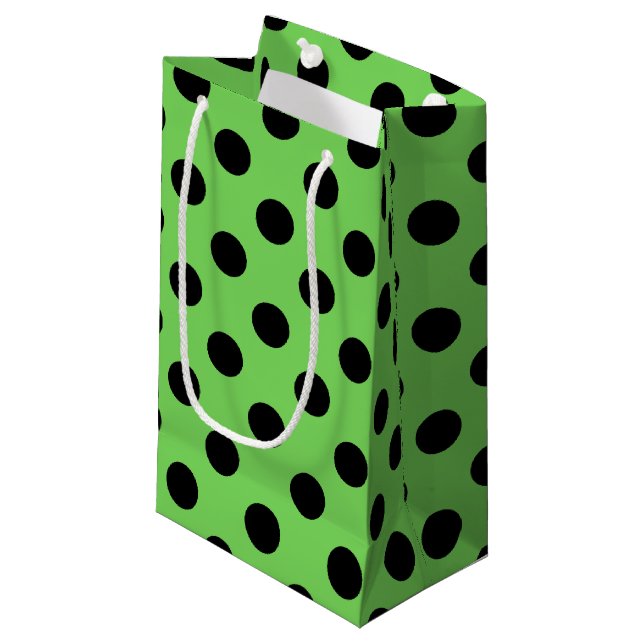Petit Sac Cadeau Pois noirs sur vert citron (Devant Angle)