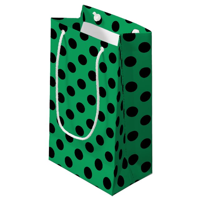 Petit Sac Cadeau Pois noirs sur vert frais (Devant Angle)