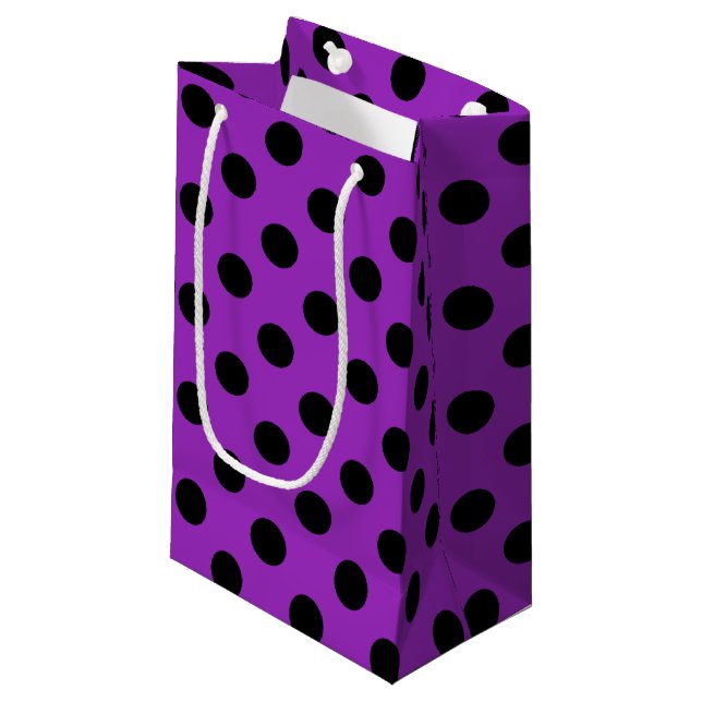 Petit Sac Cadeau Pois noirs sur violet (Devant Angle)