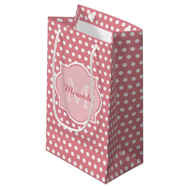 Petit Sac Cadeau Pois roses mignons avec Monogramme et nom (Devant Angle)
