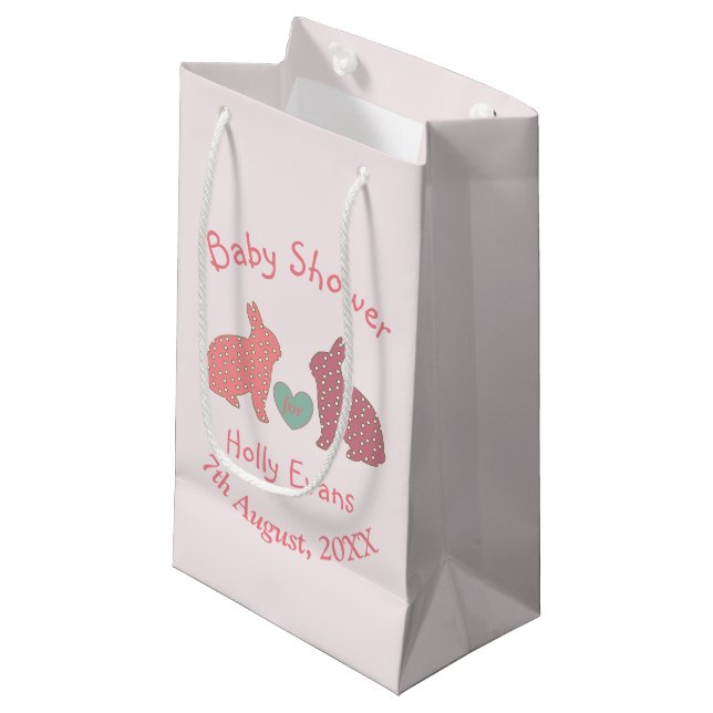Petit Sac Cadeau Polka Dot Bunnies Baby shower Rose Custom (Devant Angle)
