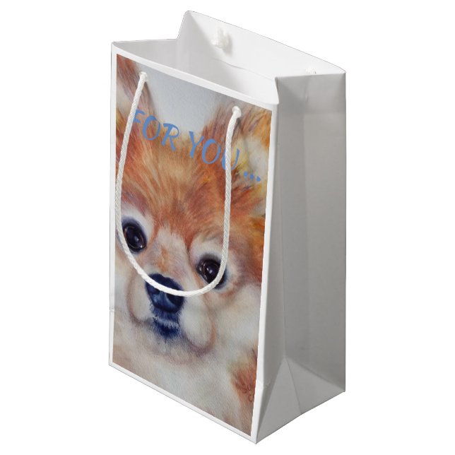 PETIT SAC CADEAU POMERANIEN EN OR CUTE (Devant Angle)