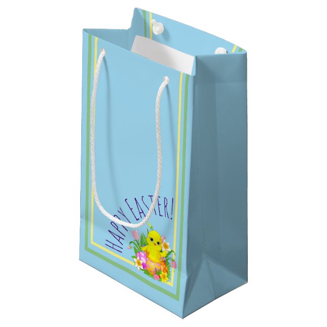 Petit Sac Cadeau Poussin de Pâques avec des fleurs (Devant Angle)