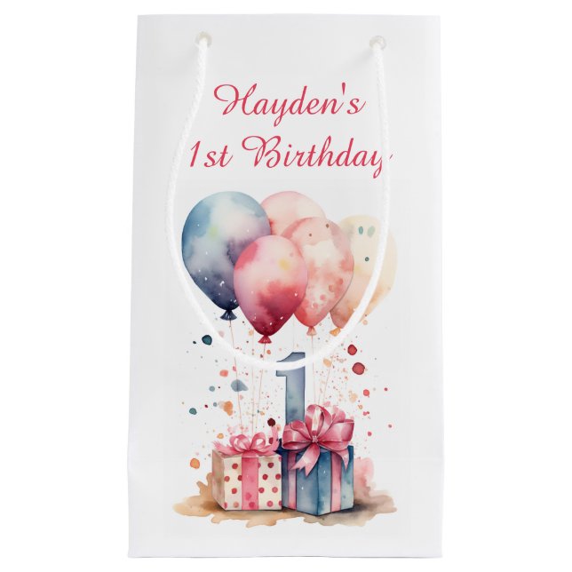 Petit Sac Cadeau Premier anniversaire - Cadeaux et ballons - Custom (Devant)