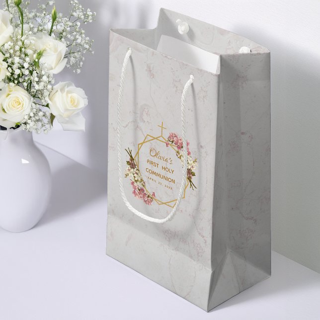 Petit Sac Cadeau Première communion fleurs orchidées dorées marbre (Créateur téléchargé)