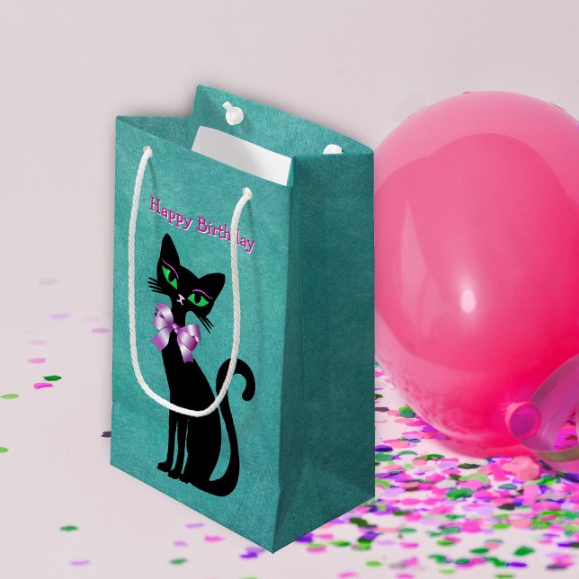 Petit Sac Cadeau Pretty Elegant Black Birthday Cat Green Eyes Bow (Pretty cat green eyes wearing pink bow on teal happy birthday gift bags.)
