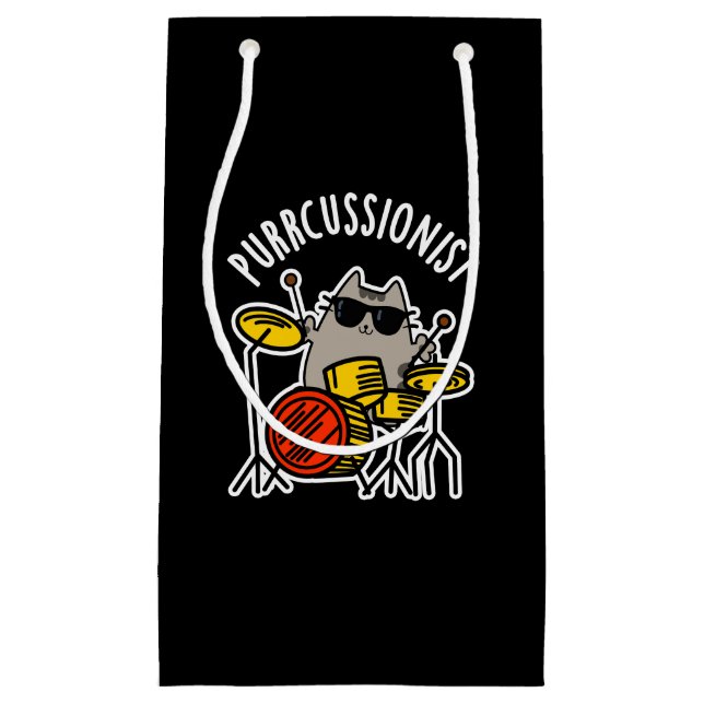 Petit Sac Cadeau Purr-cussionniste Funny Drummer Cat Pun Dark BG (Devant)
