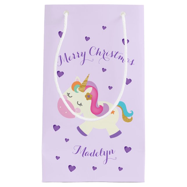 Petit Sac Cadeau Rainbow Unicorn Parties scintillant de Noël pourpr (Devant)