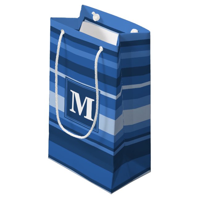 Petit Sac Cadeau Rayures bleues monogramme (Devant Angle)