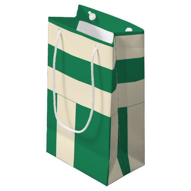 Petit Sac Cadeau Rayures vert foncé et blanc cassé (Devant Angle)
