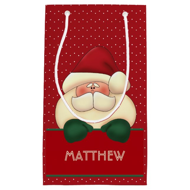 Petit Sac Cadeau Red Polka Dot Père Noël avec Green Mittens et nom (Devant)