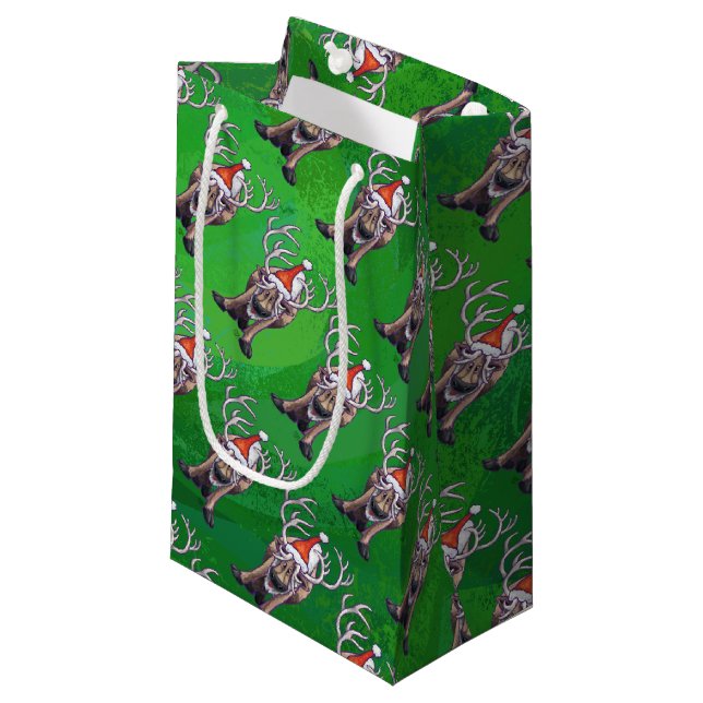 Petit Sac Cadeau Reindees Noël Sur Vert (Devant Angle)