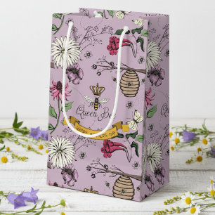 Petit Sac Cadeau Reine abeille lilas florale, ruche et fleurs