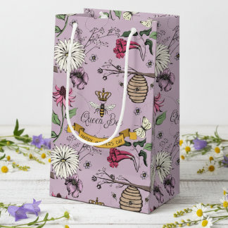 Petit Sac Cadeau Reine abeille lilas florale, ruche et fleurs