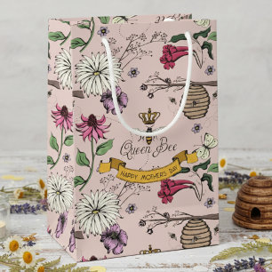 Petit Sac Cadeau Reine Abeille Rose Pâle, Rucher et Fleurs Floral