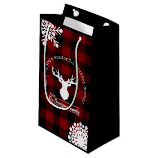 Petit Sac Cadeau Renne à carreaux buffle rouge et noir