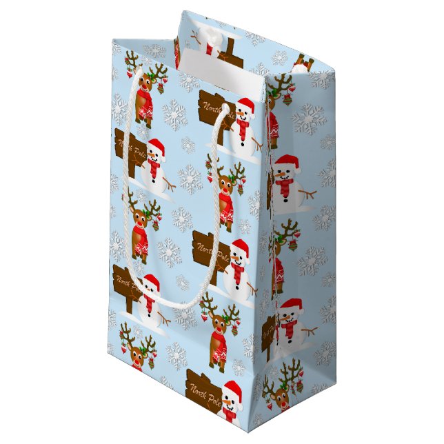 Petit Sac Cadeau Rennes De Noël Et Snowmen (Devant Angle)