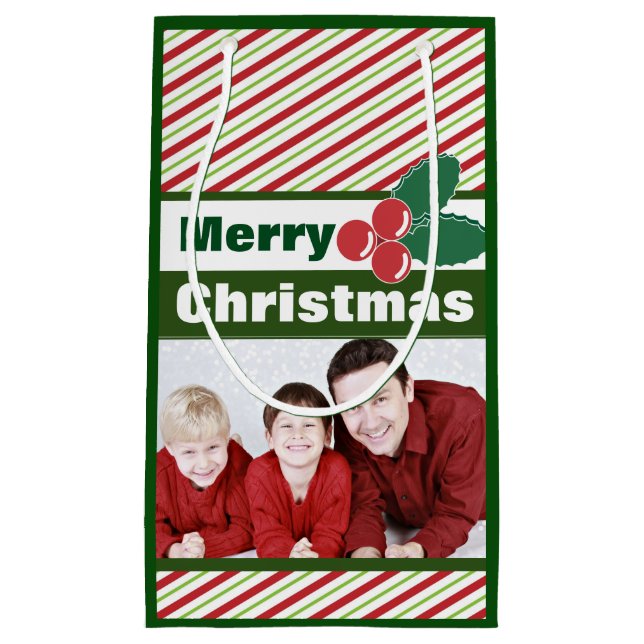 Petit Sac Cadeau Retro Festive Stripes et Holly Photo personnalisée (Devant)