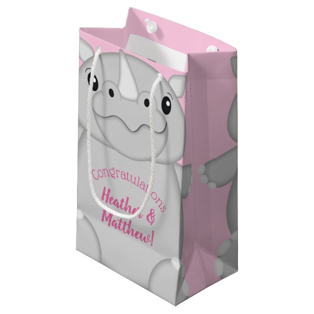 Petit Sac Cadeau Rhino Baby shower rose (Devant Angle)