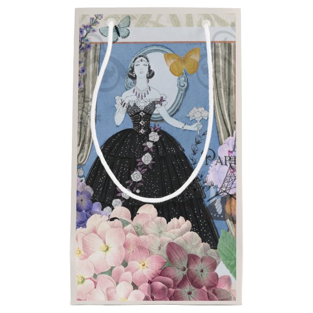 Petit Sac Cadeau Robe de femme élégante bleue florale fantaisie  (Devant)