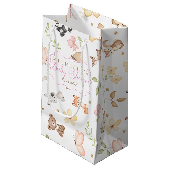 Petit Sac Cadeau Rose Brown fille Aquarelle Bois Animaux (Devant Angle)