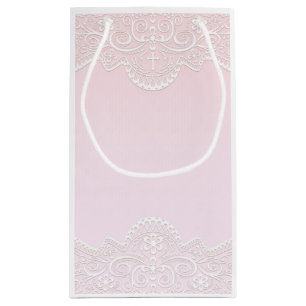 Petit Sac Cadeau Rose, dentelle blanche, religieuse