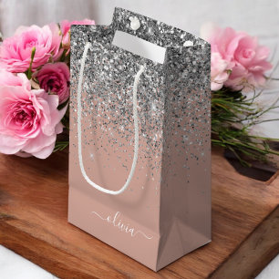 Petit Sac Cadeau Rose Gold Blush Rose Pailleté Monogramme Féminin