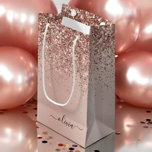 Petit Sac Cadeau Rose Gold - Paillettes Rose Foncé Monogramme Métal