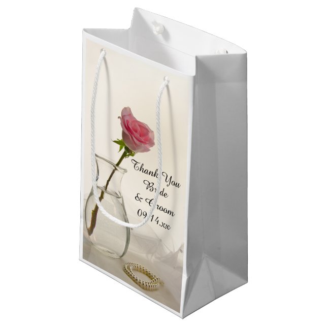 Petit Sac Cadeau Rose rose et perles blanches Mariage Merci (Devant Angle)