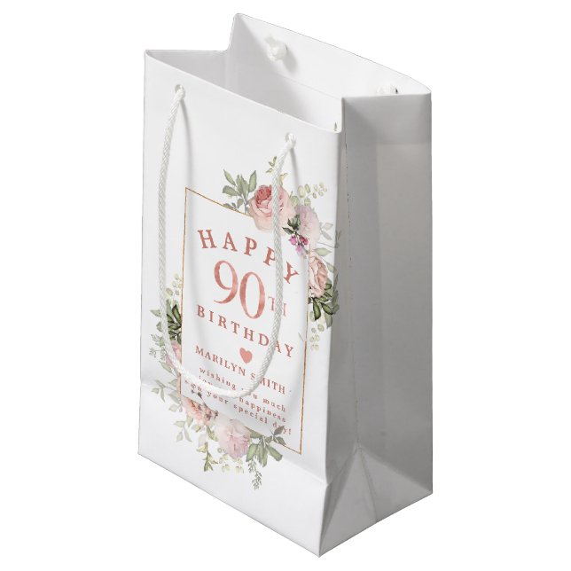 Petit Sac Cadeau Rose rose florale or 90e anniversaire Petit Gi (Devant Angle)